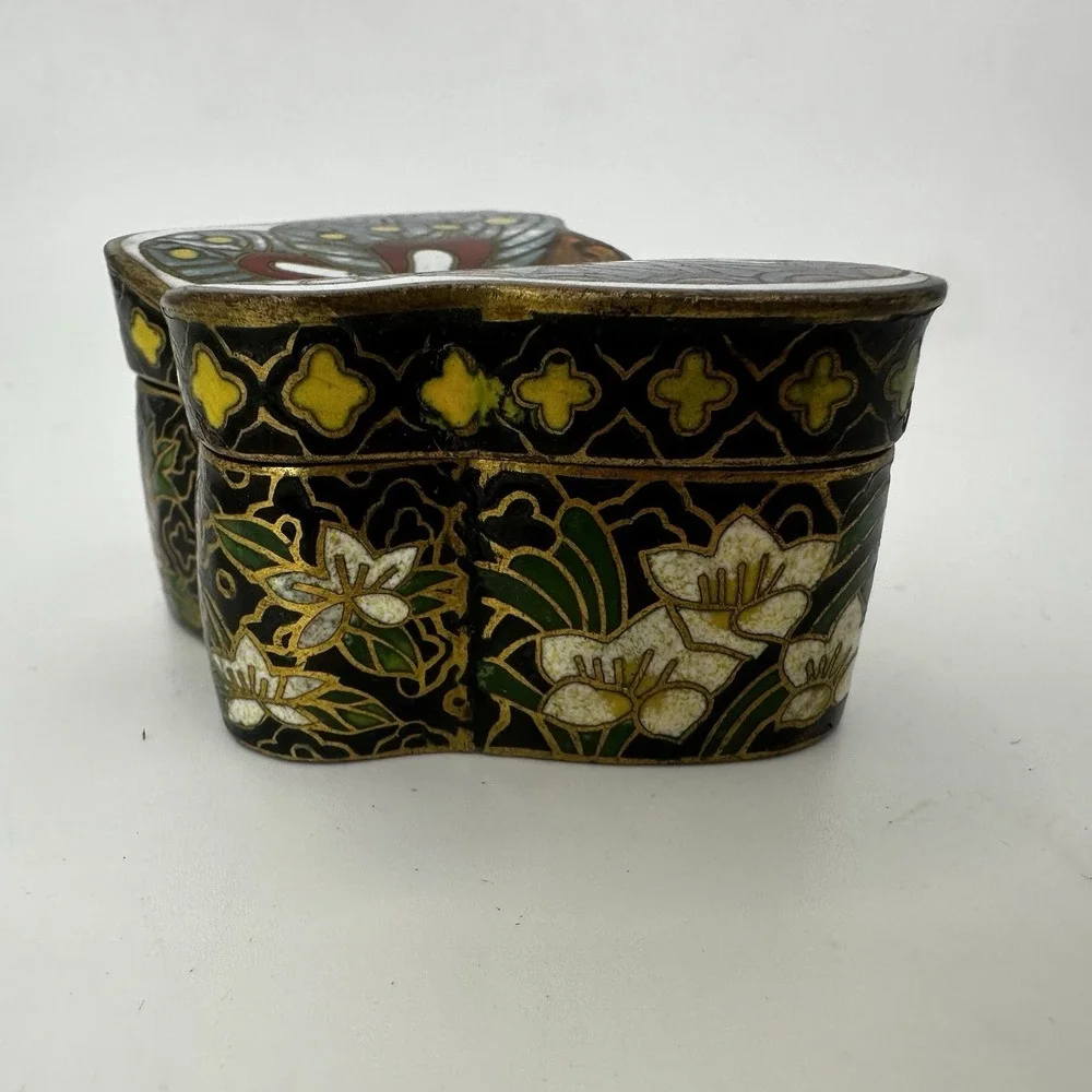Cloisonné Enamel On Brass Butterfly Shape Trinket Pill Box Multi Color‎ Vintage